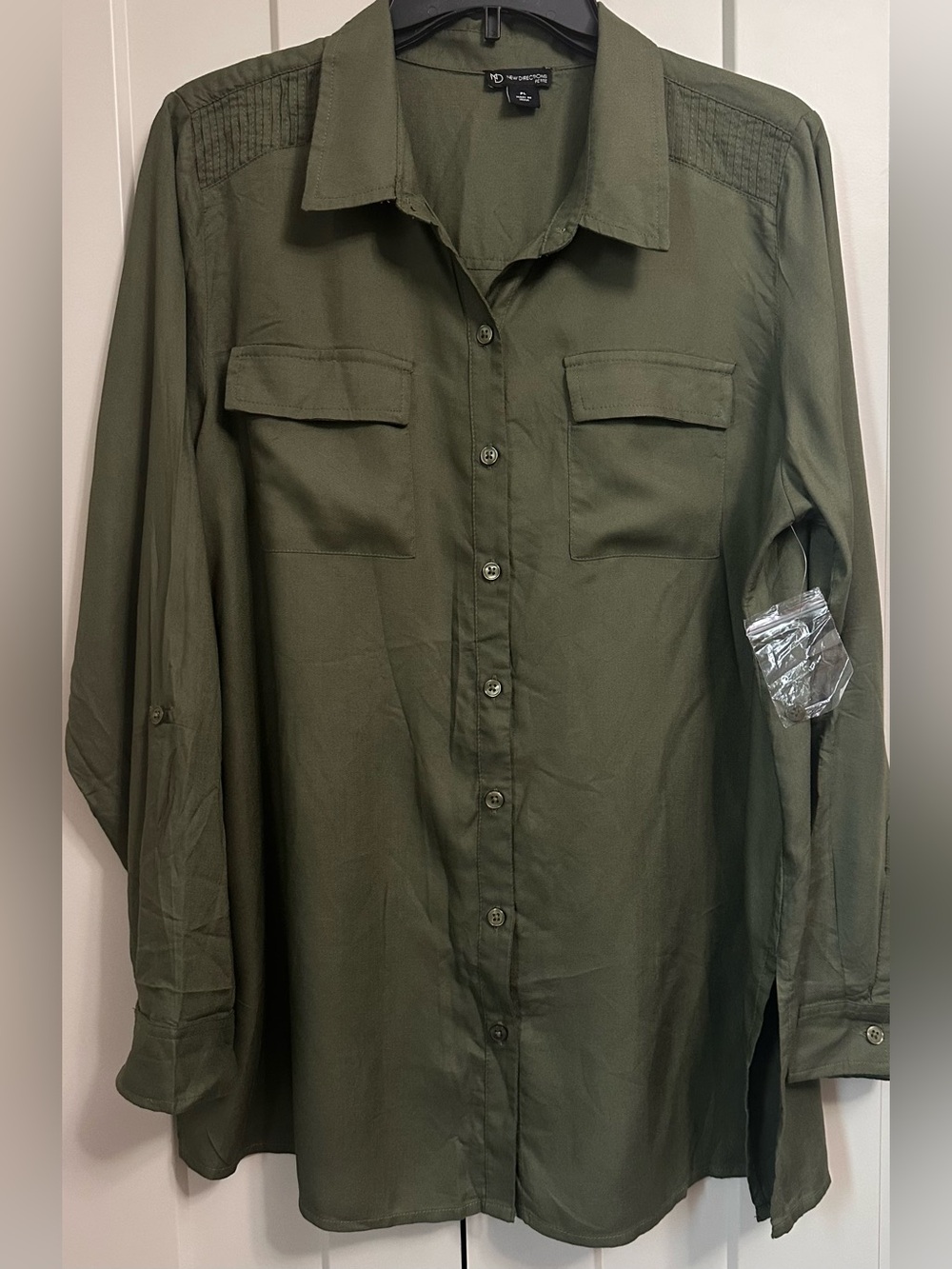 New Directions Petite Olive Green Utility Button Down Shirt Size PL (0163)